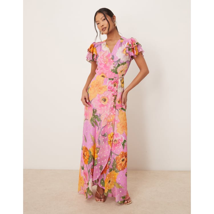 Hope & Ivy Petite frill sleeve maxi wrap dress with tie waist in pink  floral print | ASOS