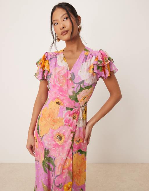 Hope Ivy Petite frill sleeve maxi wrap dress with tie waist in