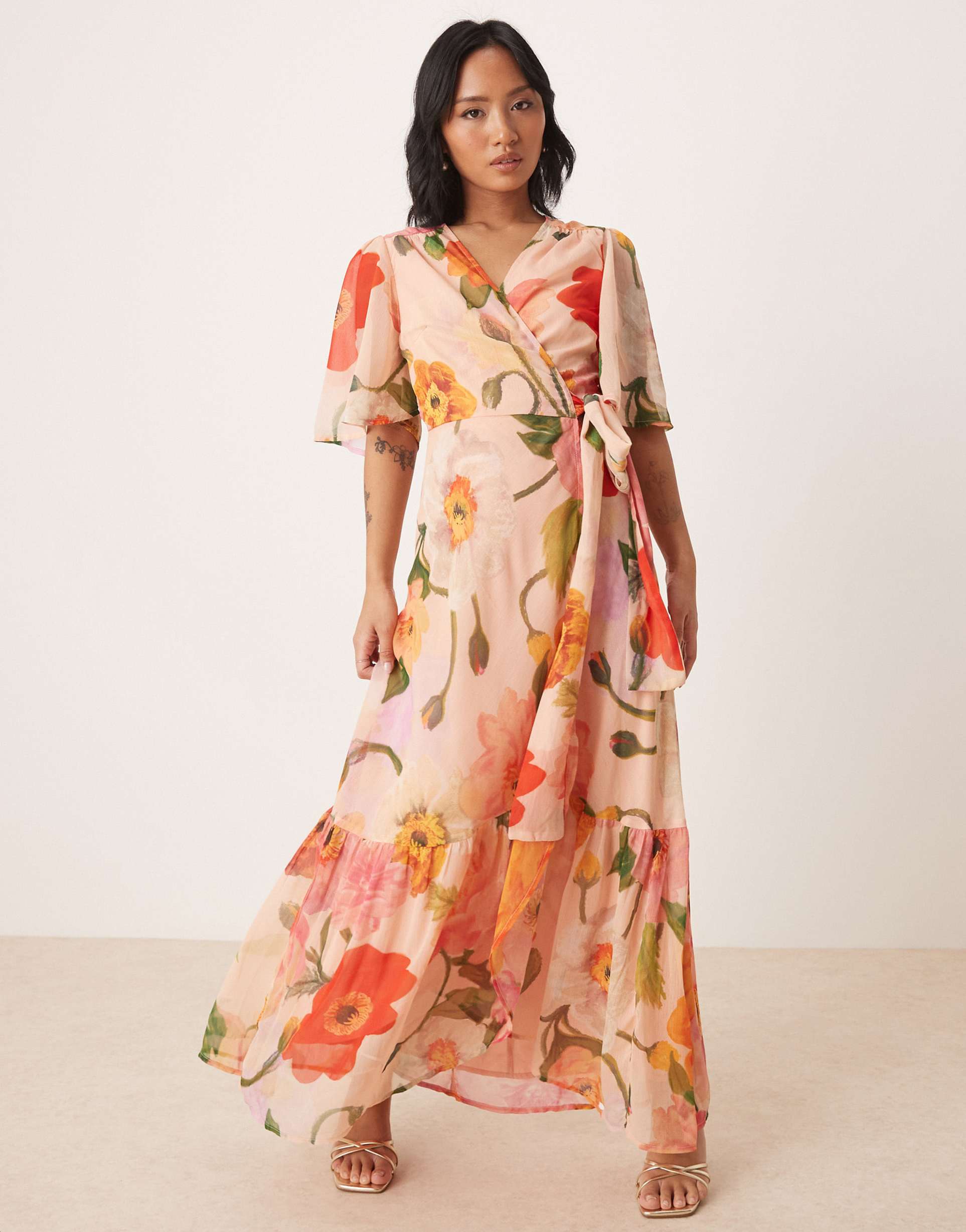 hope & ivy petite frill sleeve maxi wrap dress with tie waist in pink floral