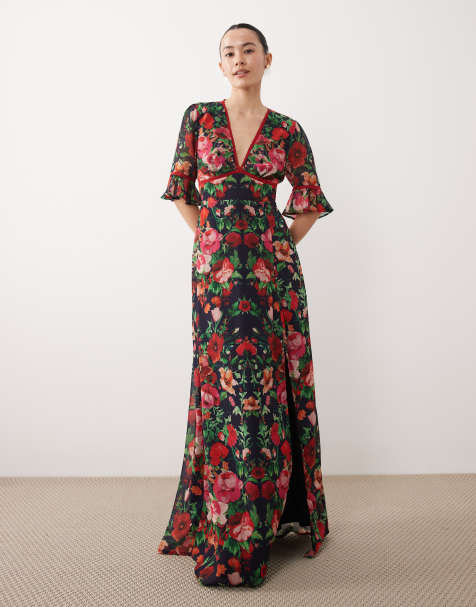 Hope & Ivy Petite frill sleeve thigh slit open back maxi dress in red and navy print - view 1