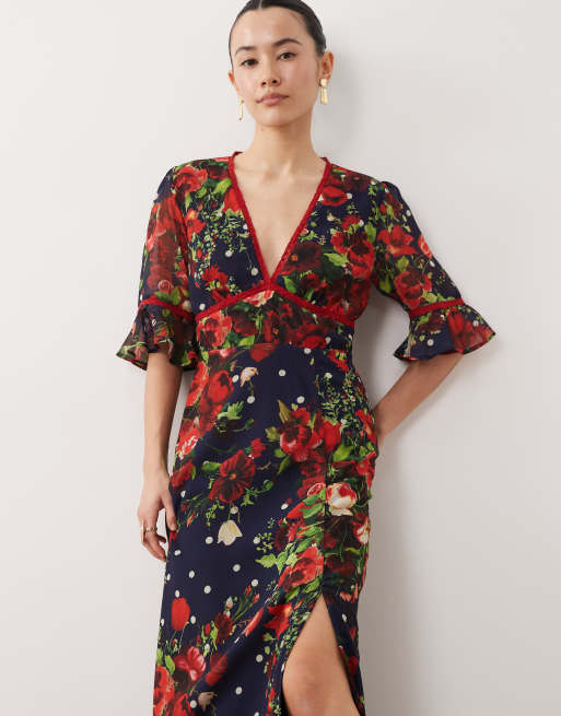 Hope & Ivy Petite frill sleeve thigh split open back maxi dress in navy polka dot floral, 2 of 4