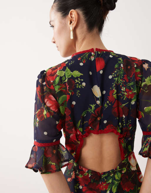 Hope & Ivy Petite frill sleeve thigh split open back maxi dress in navy polka dot floral, 3 of 4