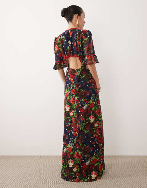 Hope & Ivy Petite frill sleeve thigh split open back maxi dress in navy polka dot floral, 4 of 4