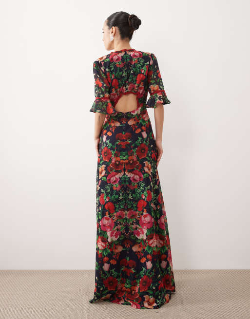 Hope & Ivy Petite frill sleeve thigh split open back maxi dress in red navy print, 4 of 4