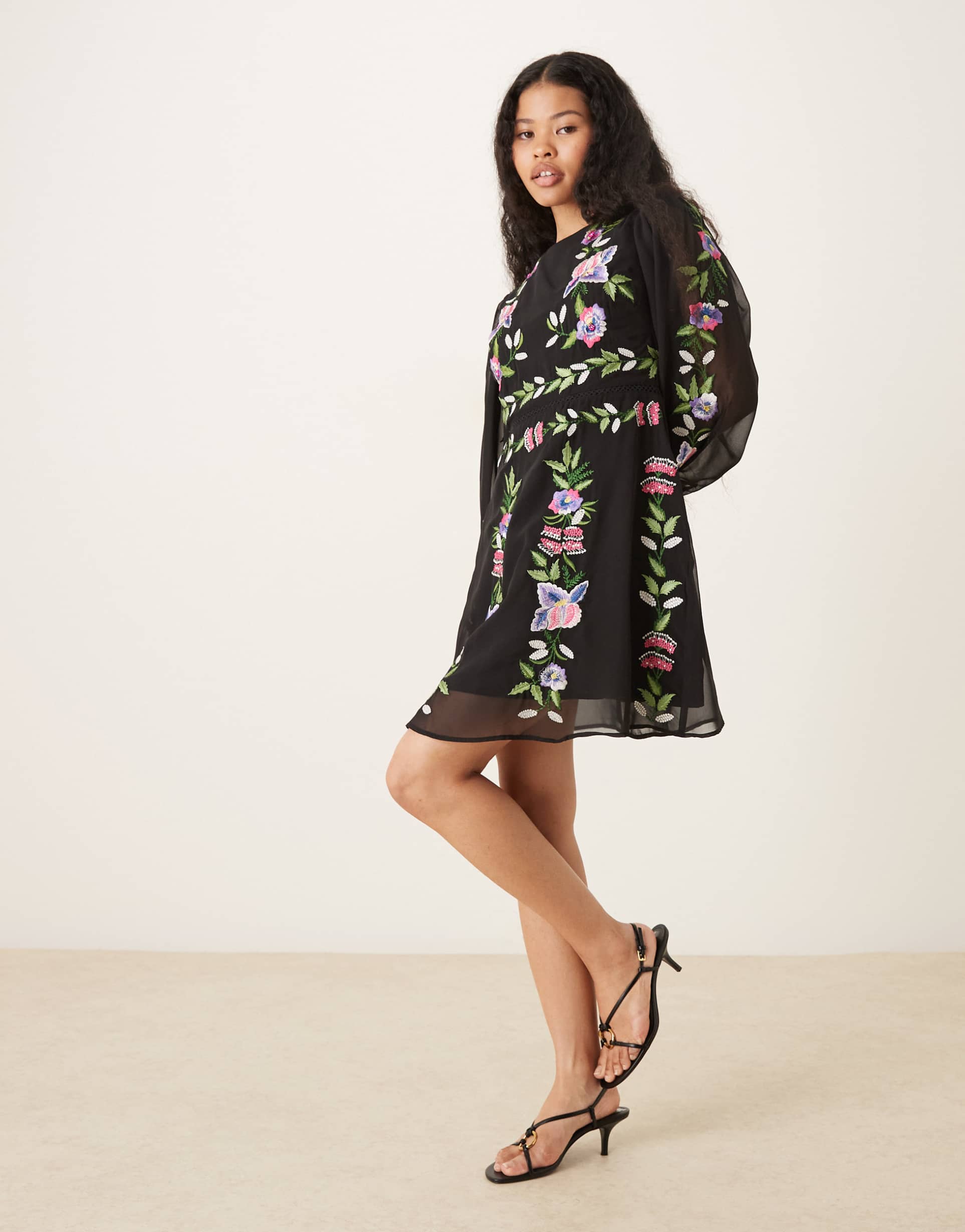 hope & ivy petite high neck embroidered mini dress in black