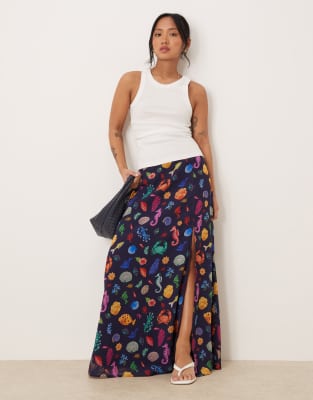 Hope & Ivy Petite High Waisted Thigh Split Maxi Skirt In Blue