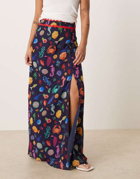 Hope & Ivy Petite - Jupe longue taille haute avec fente sur la cuisse à motif coquillages - Bleu marine - view 1