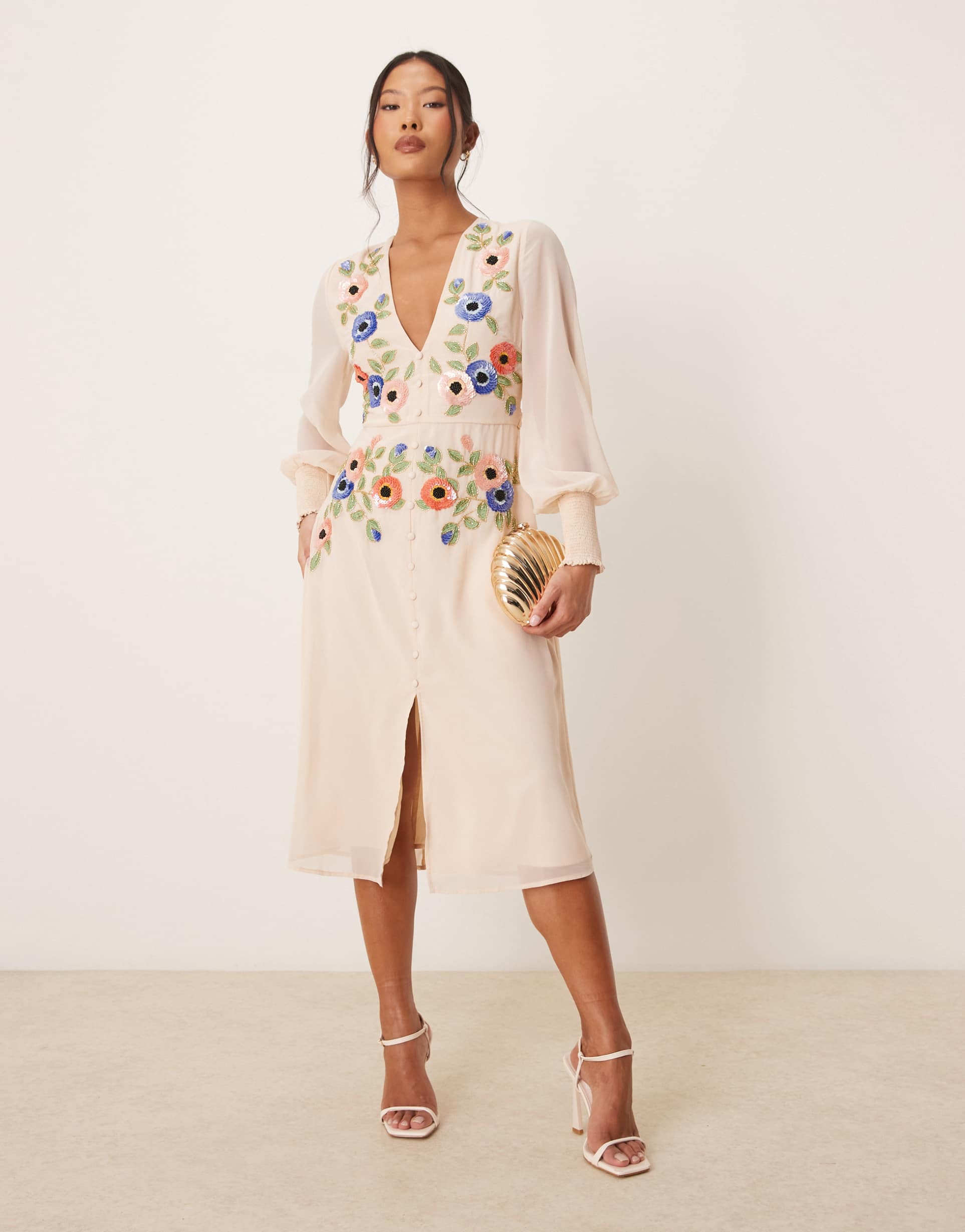 hope & ivy petite long sleeve embellished maxi dress with bow back in cream