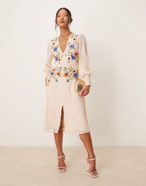 Hope & Ivy Petite long sleeve embellished maxi dress with bow back in cream