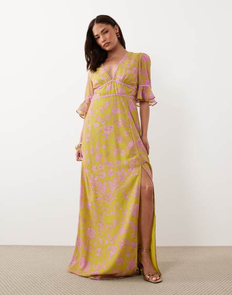 Hope & Ivy Petite - Maxi jurk met V-hals, ruches aan de mouwen en split aan de voorkant in groen met roze bloemenprint - view 1