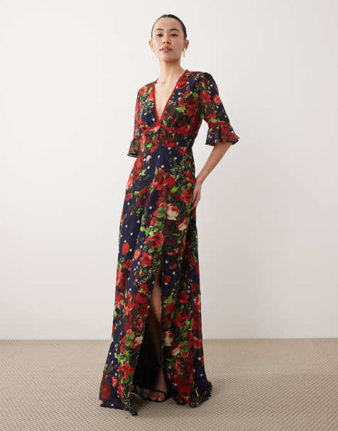 Hope & Ivy Petite – Maxikleid in Marineblau mit Blumen- und Punktemuster, Rüschenärmeln, oberschenkelhohem Schlitz und Rückenausschnitt - view 1