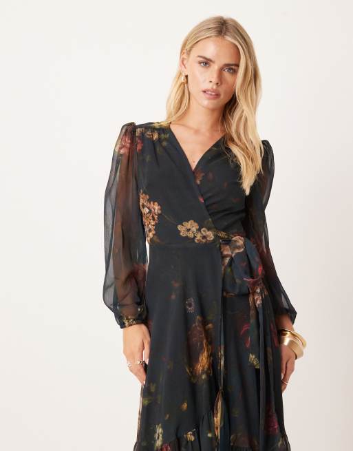 Hope & Ivy Petite – Maxikleid mit dunkelgrünem Blumenmuster und Wickeldesign vorne, 2 von 4