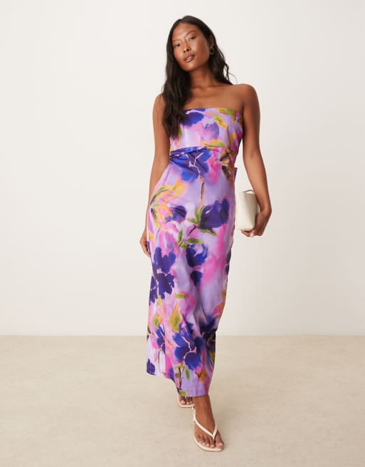 Hope & Ivy Petite - Midi bandeau-kokerjurk met strik aan de achterkant in paars met bloemenprint