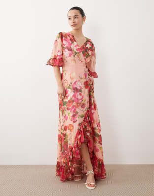 Hope & Ivy Petite Petite - Robe portefeuille longue à manches cloche et imprimé fleuri varié - Rose