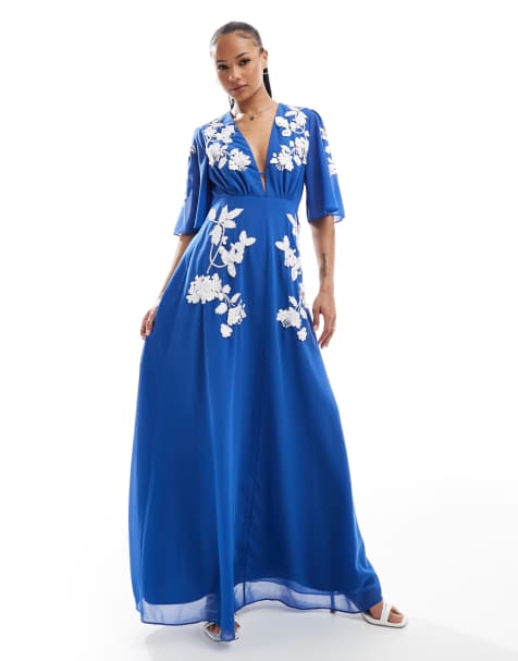Hope & Ivy Petite plunge front embellished maxi dress in blue