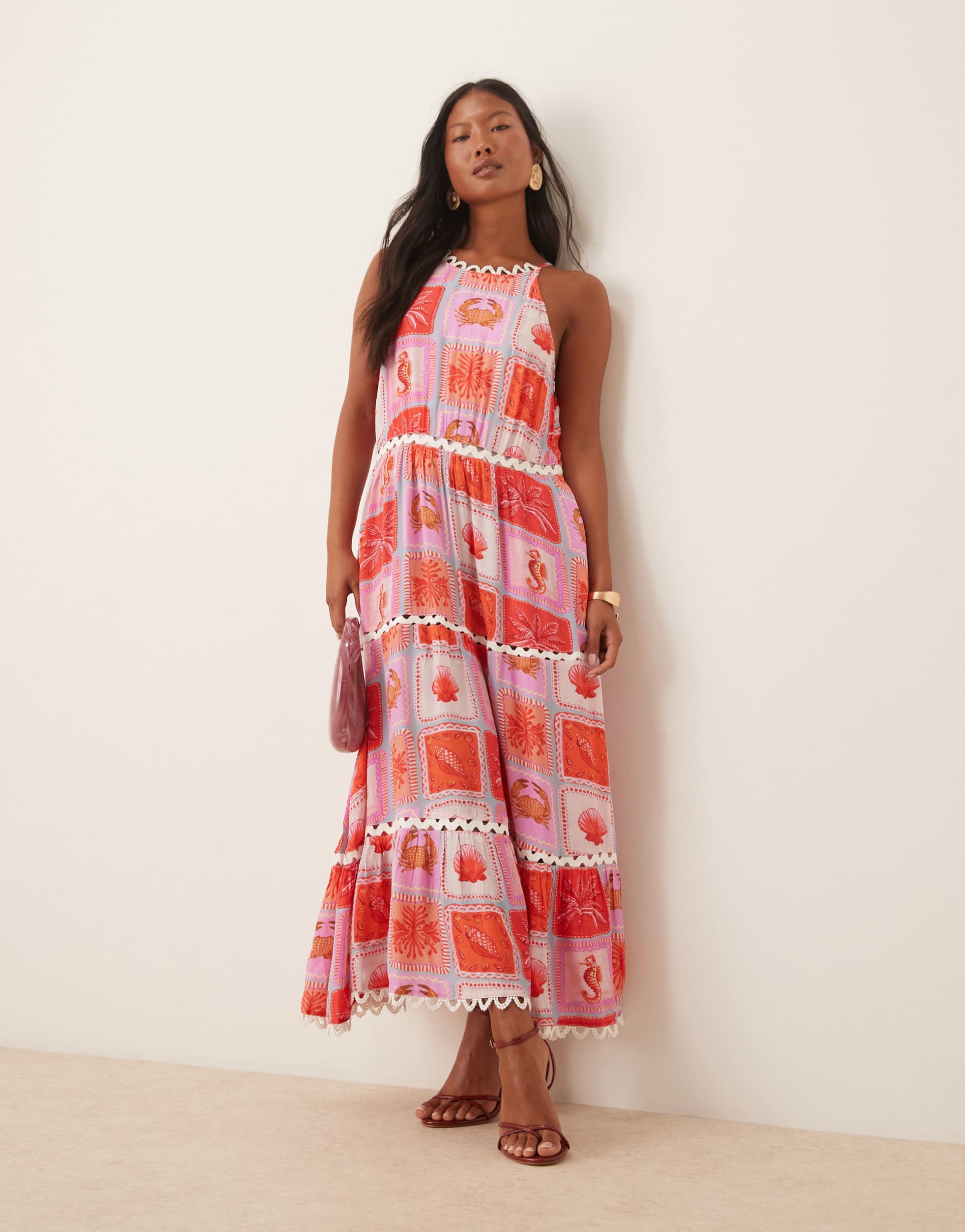 hope & ivy petite rick rack high neck tiered maxi dress in pink beach print