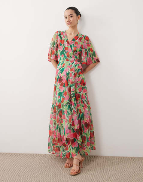 Hope & Ivy Petite - Robe cache-cœur longue nouée à la taille à imprimé pétales - Vert - view 1