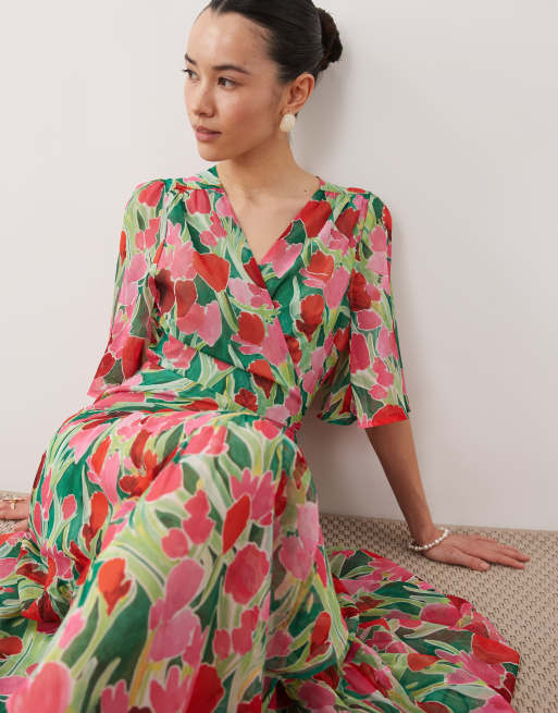 Hope & Ivy Petite - Robe cache-cœur longue nouée à la taille à imprimé pétales - Vert, 2 de 4