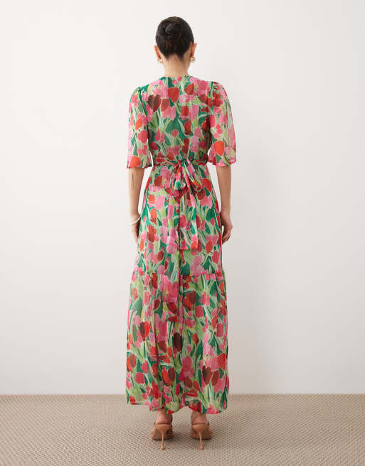 Hope & Ivy Petite - Robe cache-cœur longue nouée à la taille à imprimé pétales - Vert, 4 de 4
