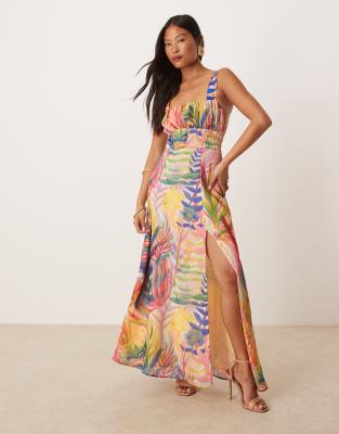 Hope & Ivy Petite - Robe longue à détails corset et imprimé flore marine - Multicolore