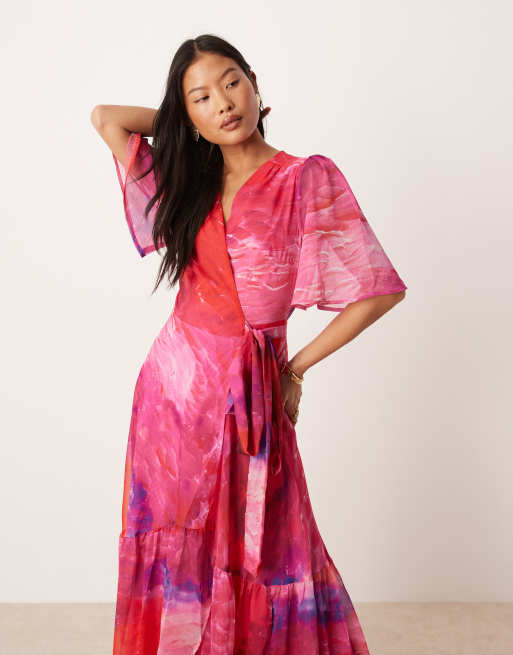 Hope & Ivy Petite - Robe portefeuille longue imprimée à manches évasées - Rose vif, 4 de 4