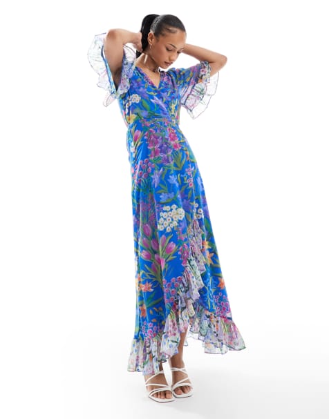 Hope & Ivy Petite - Robe portefeuille longue imprimée avec manches à volants et liens à la taille - Bleu - view 1