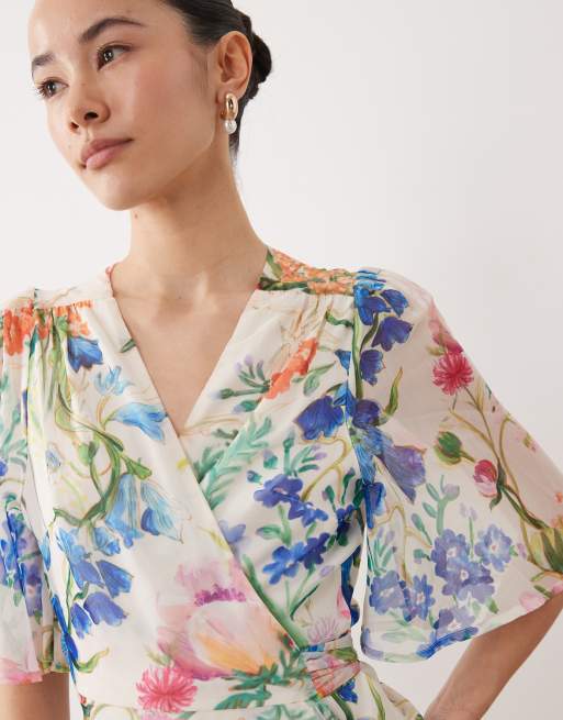 Hope & Ivy Petite - Robe portefeuille longue nouée à la taille à imprimé fleurs - Blanc, 2 de 4