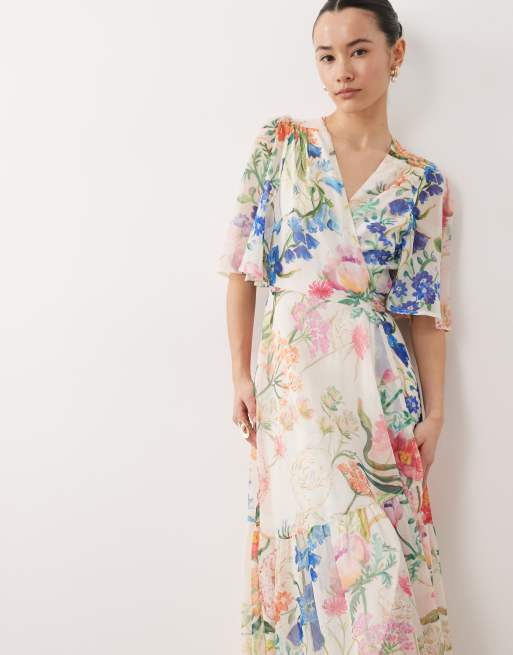 Hope & Ivy Petite - Robe portefeuille longue nouée à la taille à imprimé fleurs - Blanc, 3 de 4