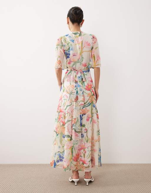 Hope & Ivy Petite - Robe portefeuille longue nouée à la taille à imprimé fleurs - Blanc, 4 de 4