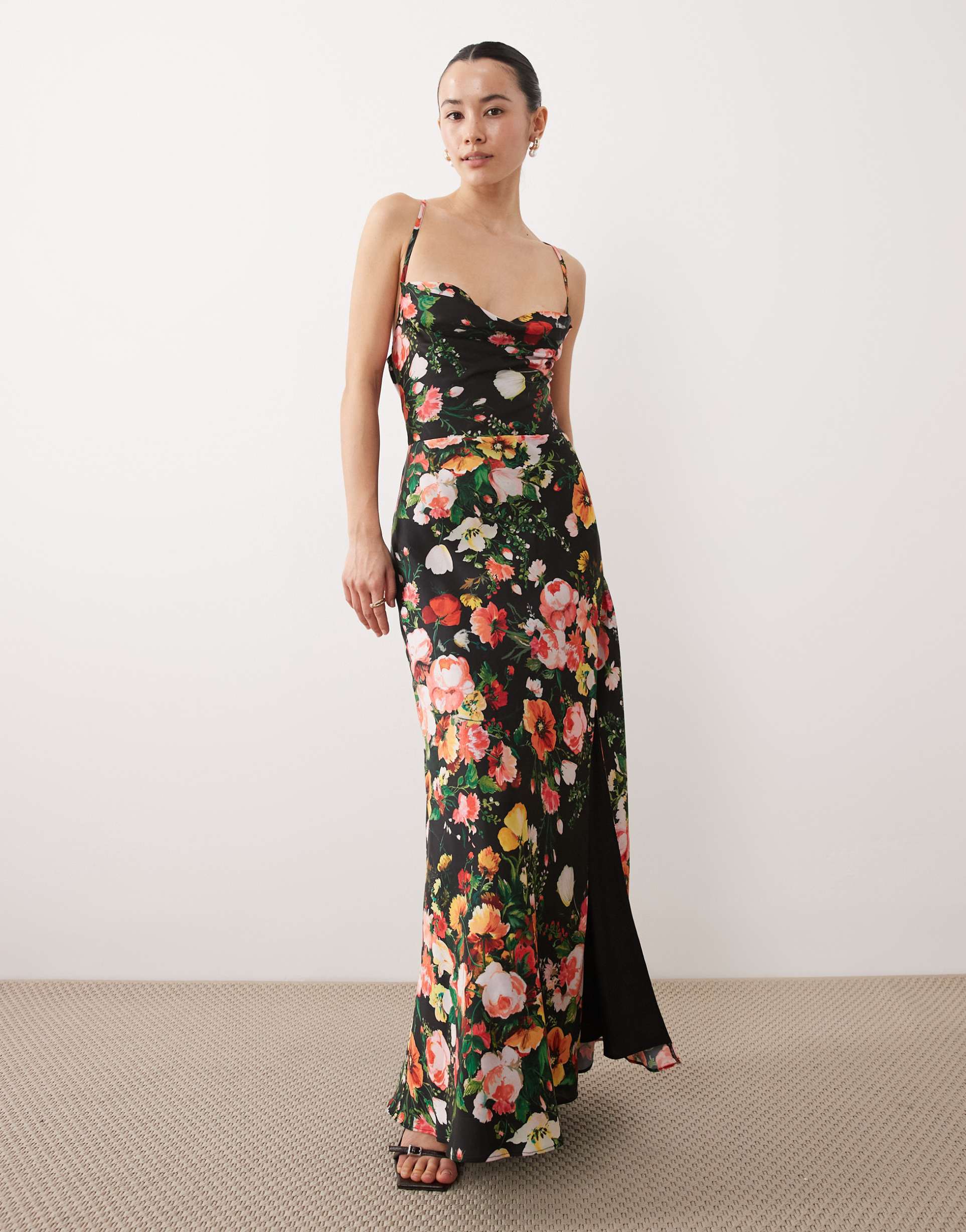 hope & ivy petite satin cami maxi dress in black floral