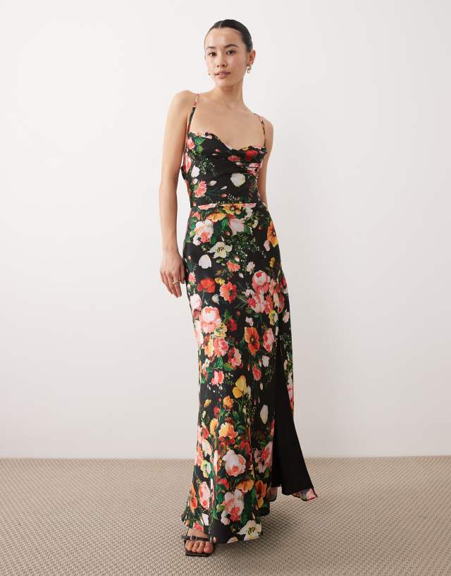 Hope & Ivy Petite satin cami maxi dress in black floral