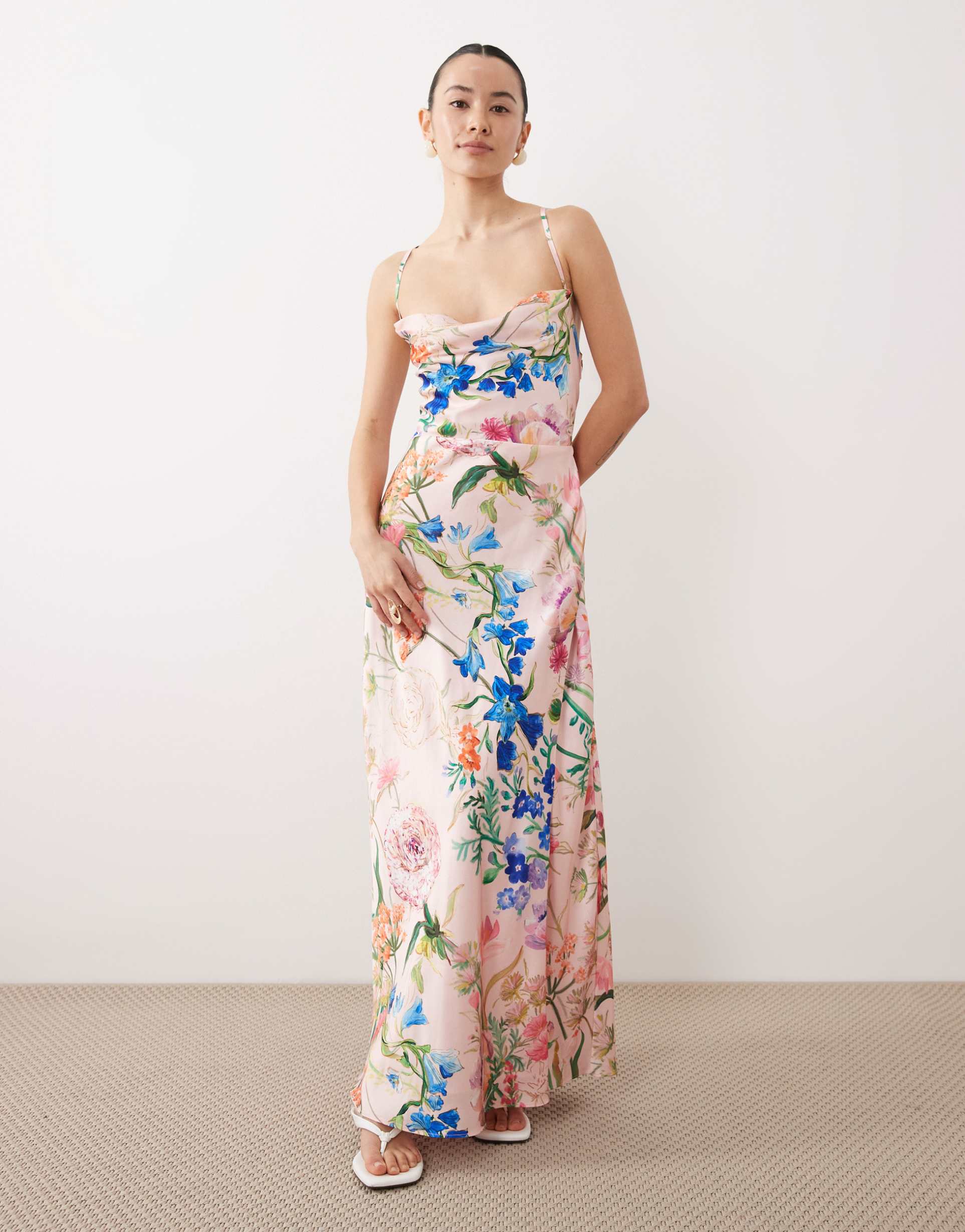 hope & ivy petite satin cami maxi dress in light pink floral