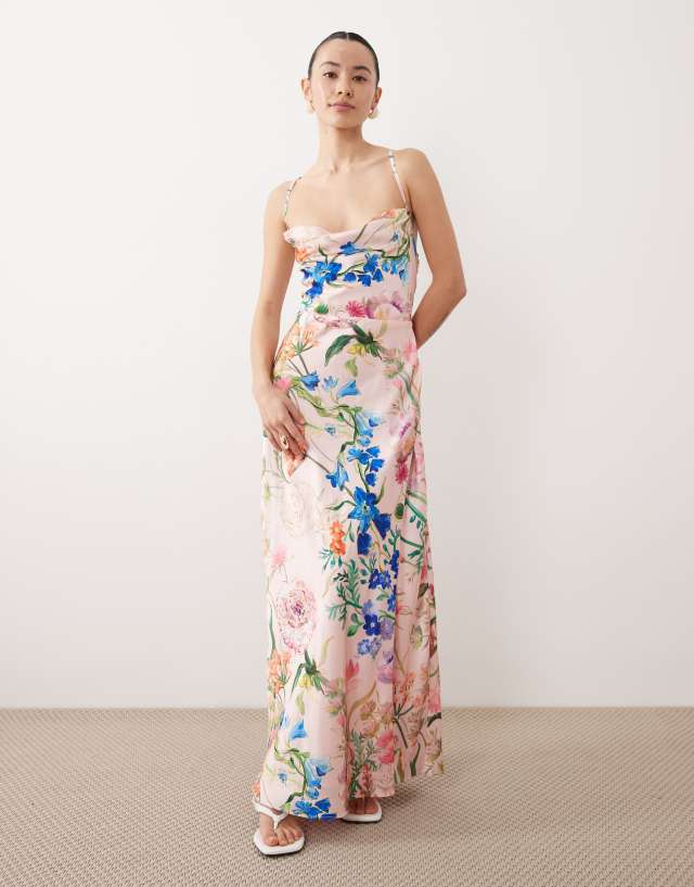 Hope & Ivy Petite satin cami maxi dress in light pink floral