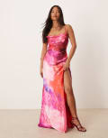 [Hope & Ivy Petite] Hope & Ivy Petite satin cross back cami maxi dress in bright pink print 12 Pink