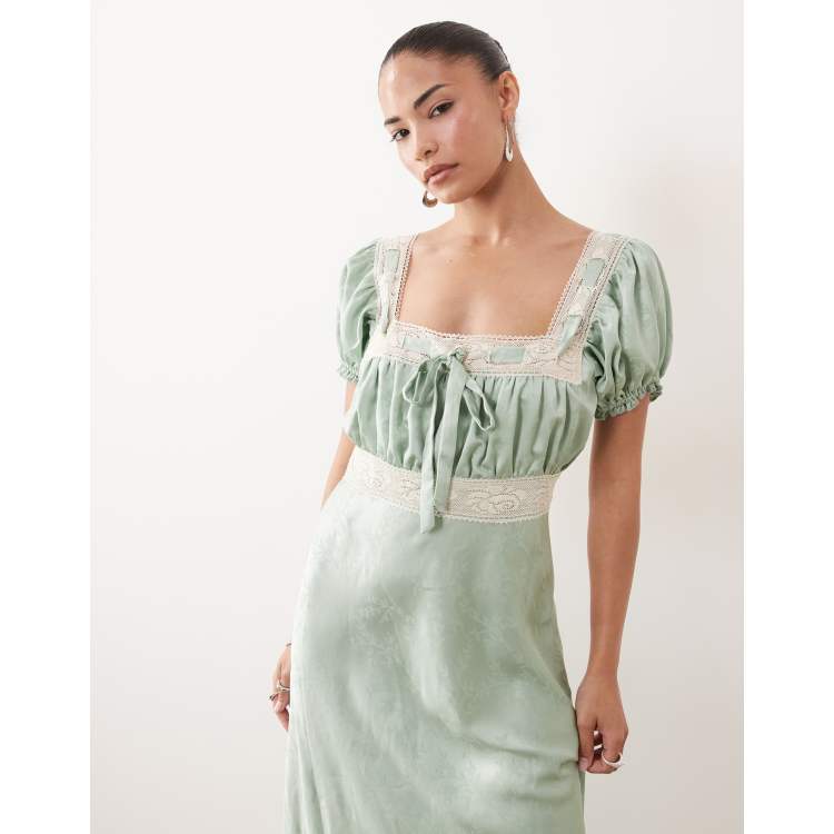 light green dress with puff sleeves Puffy Sleeve Sage Green Satin Prom Dress  Lisposa