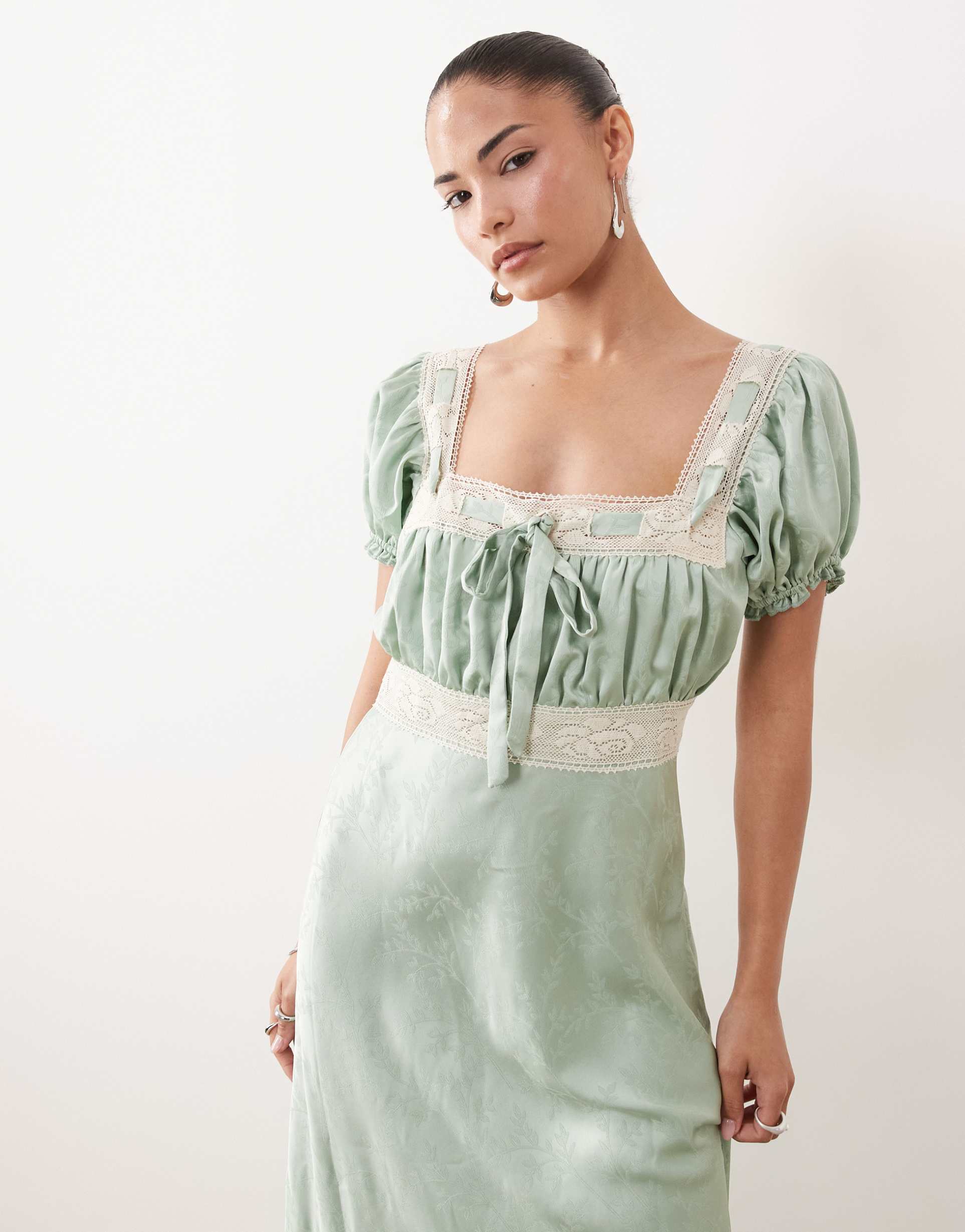 hope & ivy petite satin square neck lace detail puff sleeve maxi dress in green jacquard