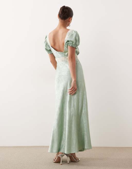 mare mare puff-sleeve square-neck satin maxi dress Mare Mare Puff-Sleeve Square-Neck Satin Maxi Dress In Blue - 28% Off