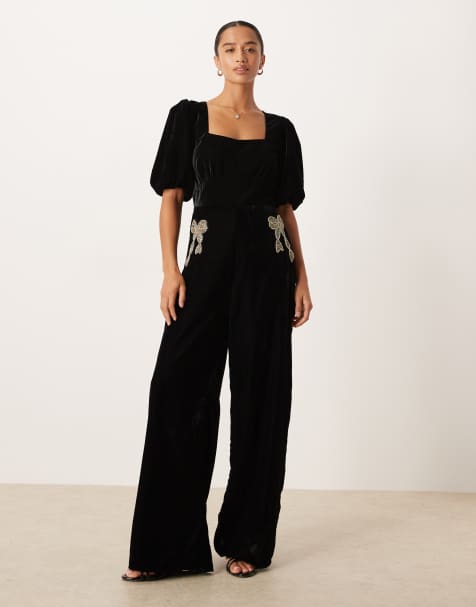 Hope & Ivy Petite square neck velvet jumpsuit with embellished bows in black - view 1