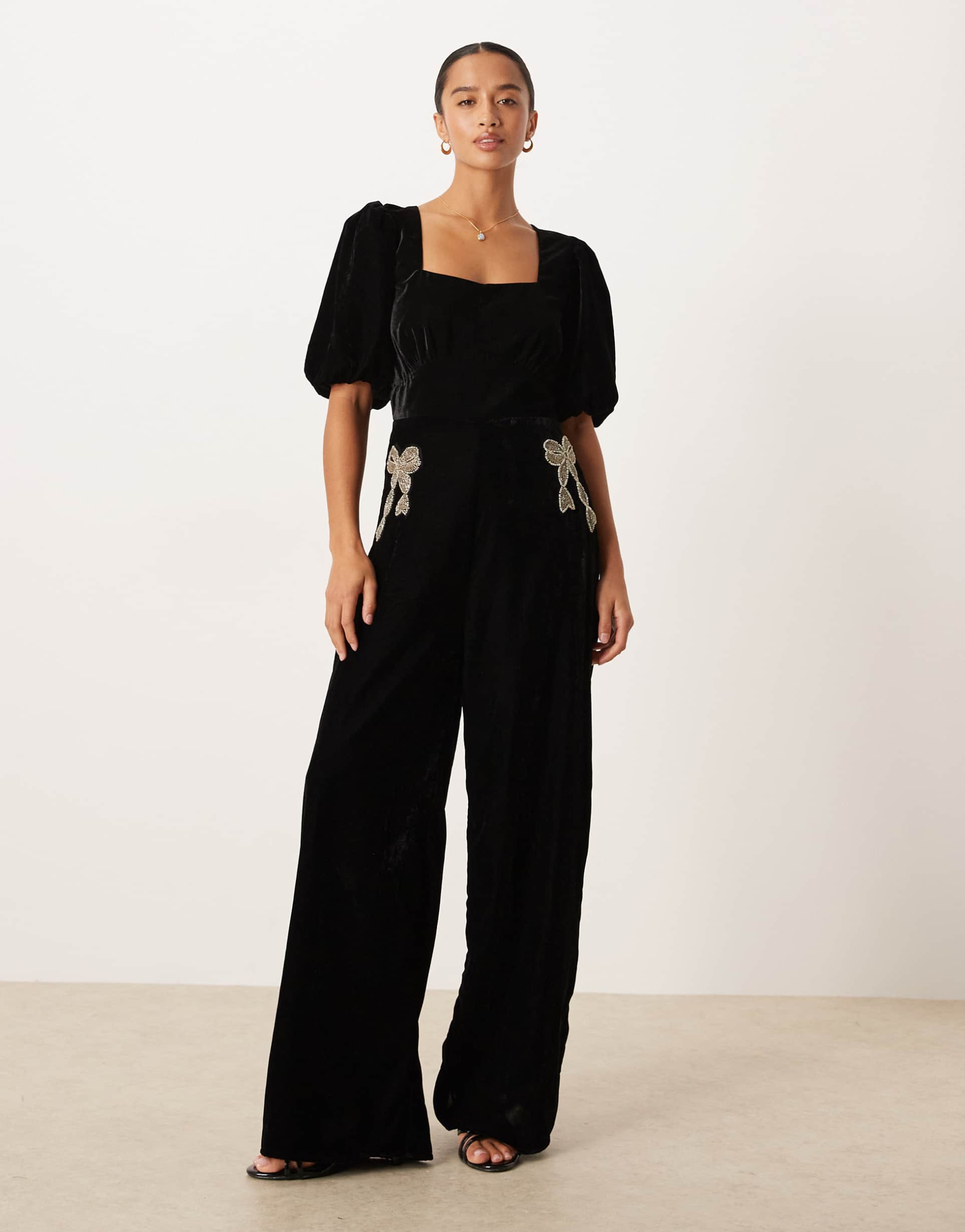 hope & ivy petite square neck velvet jumpsuit with embellished bows in black
