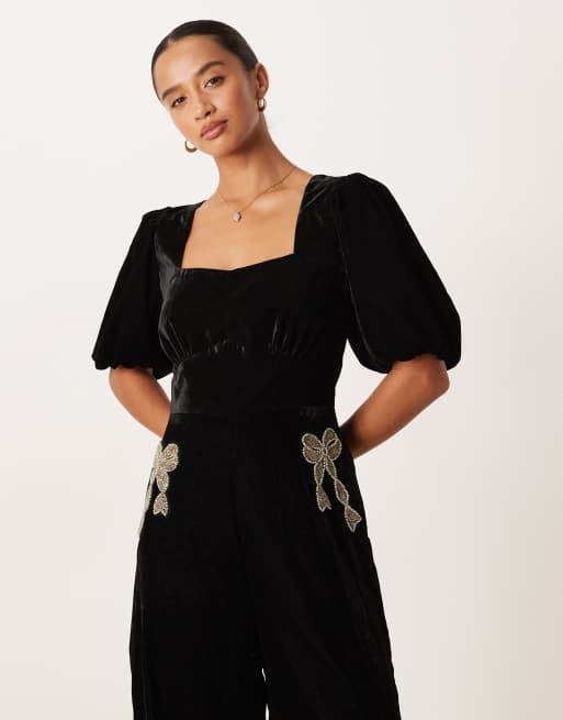 Hope & Ivy Petite square neck velvet jumpsuit with embellished bows in black, 2 of 4