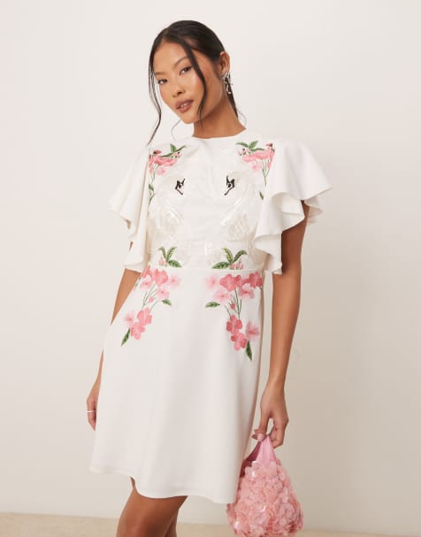 Hope & Ivy Petite swan embellished open back mini dress in ivory - view 1