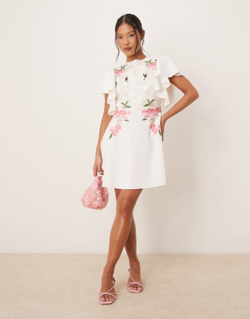 Hope & Ivy Petite swan embellished open back mini dress in ivory, 4 of 4