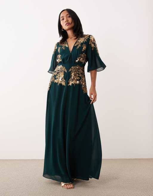 Hope & Ivy Petite v-neck embellished maxi dress in emerald, 2 of 4