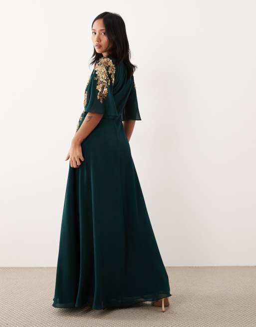 Hope & Ivy Petite V-neck embellished maxi dress in emerald | ASOS