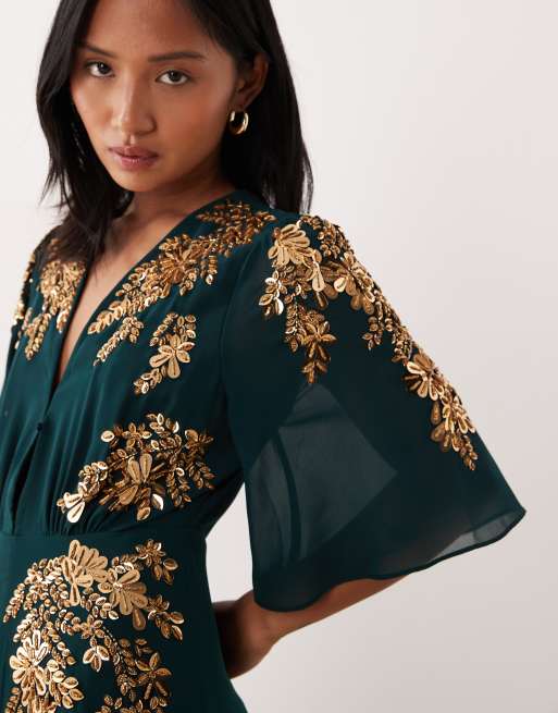 Hope & Ivy Petite v-neck embellished maxi dress in emerald, 4 of 4