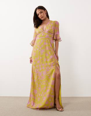 Hope & Ivy Petite V-neck Frill Short Sleeve Slit Front Maxi Dress In Green