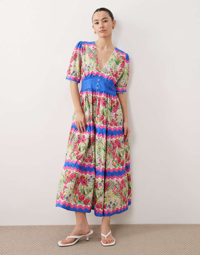 Hope & Ivy Petite v-neck puff sleeve smock midi dress in pink and blue floral print