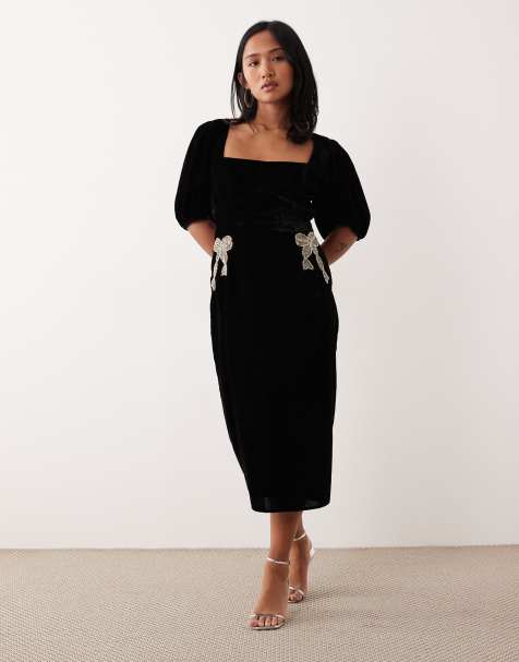 Hope & Ivy Petite velvet midi dress with embellished bows in black - view 1