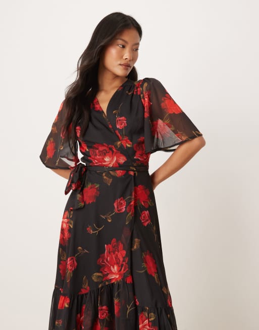 Hope & Ivy Petite - Vestito lungo avvolgente nero e rosso a fiori, 2 di 4