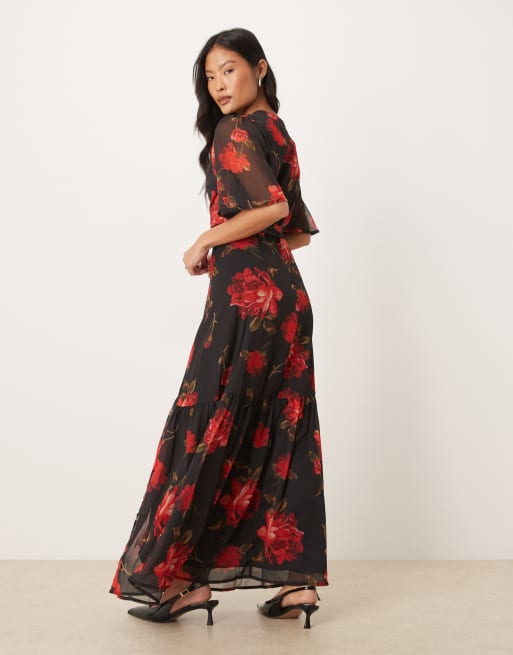 Hope & Ivy Petite - Vestito lungo avvolgente nero e rosso a fiori, 3 di 4